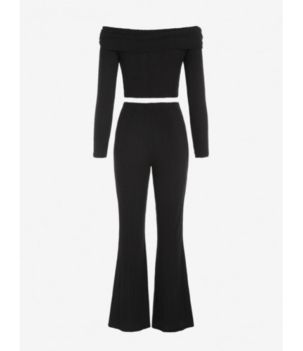 Off The Shoulder Knit Casual Crop Top And Pants Set