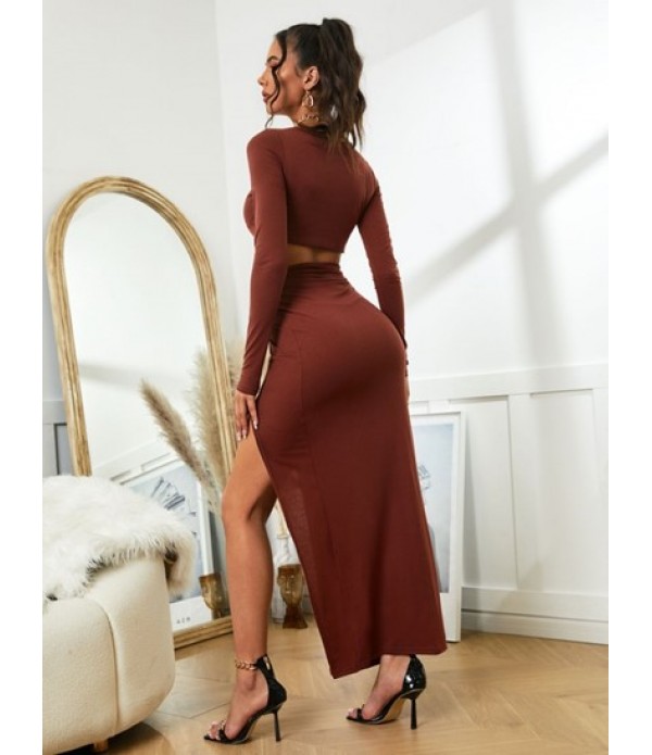 Cinched Front Twisted Thigh Slit Skirt Set
