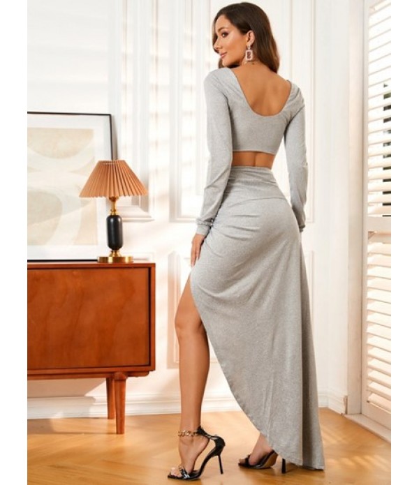 Marled Jersey Crop Top And Twist Thigh-split Maxi Skirt Set