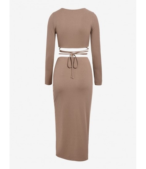 Plunge Midriff Flossing Tee And Ruched High Slit Skirt Co Ord Set