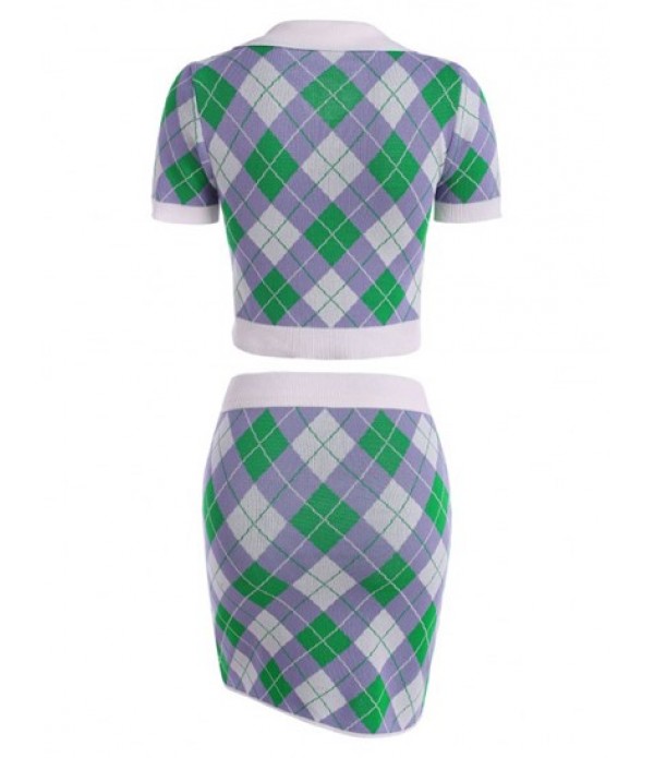 Knitted Argyle Single Button Collared Top And Skirt Set