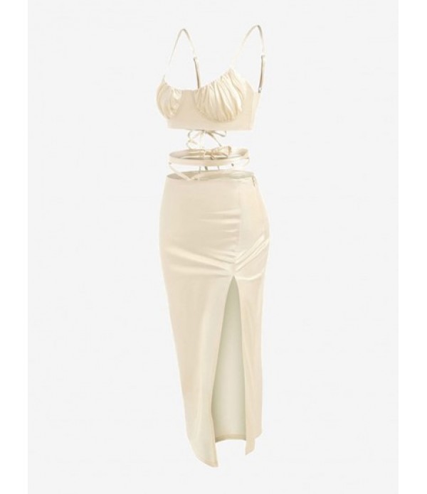 Sheeny Lace-up Bustier Top And Midriff Flossing Slit Skirt Set Sheeny Lace-up Bustier Top And Midriff Flossing Slit Skirt Set