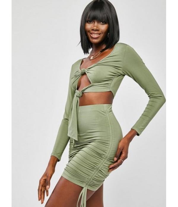 Knot Long Sleeve Crop Top And Ruched Slinky Skirt Set