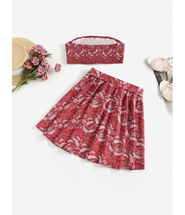 Paisley Print Smocked Bandeau Belted Skater Skirt Set