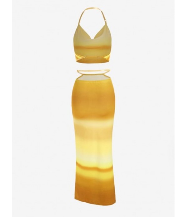 Tie Dye Halter Cowl Front Midriff Flossing Skirt Set Tie Dye Halter Cowl Front Midriff Flossing Skirt Set