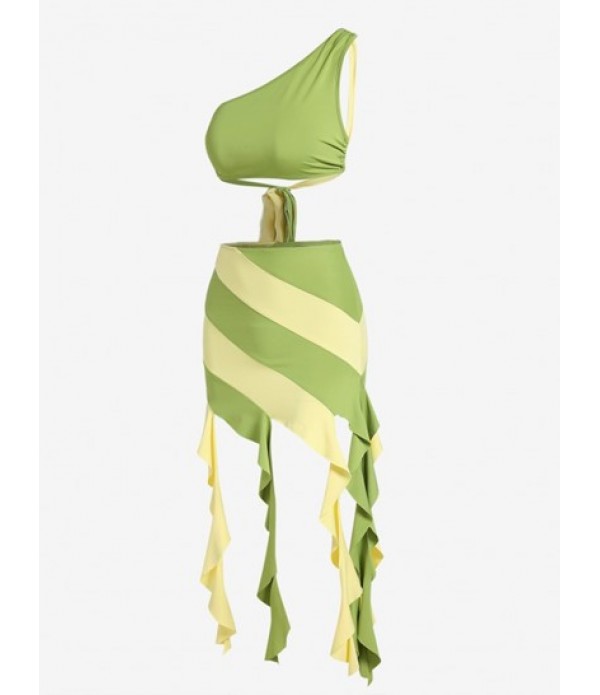 Colorblock One Shoulder Draped Ruffles Skirt Set