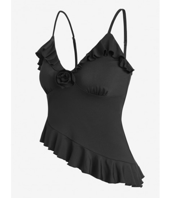 Corsage Rosettes Flounce Asymmetric Camisole And Ruffles Metal Hardware Ruched Skirt Set