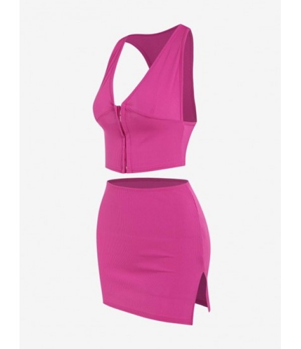 Ribbed Slit Hook Front Racerback Mini Bodycon Skirt Set Ribbed Slit Hook Front Racerback Mini Bodycon Skirt Set