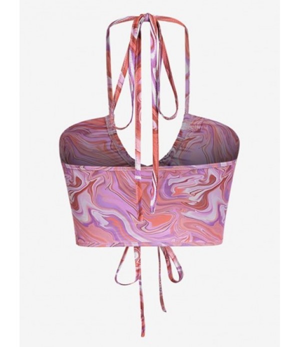 Open Back Cut Out Cinched Psychedelic Swirl Marble Printed Tank Top And Midi Skirt Set
