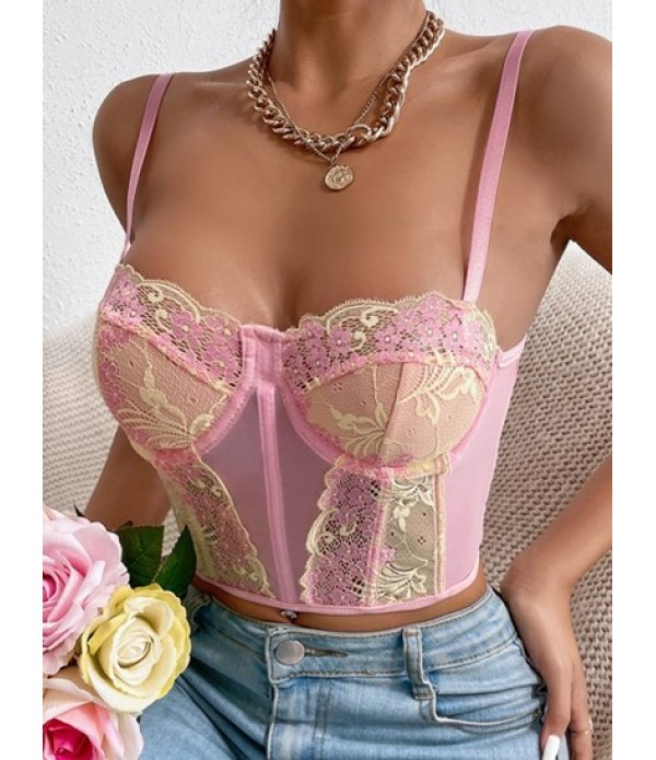 Floral Embroidery See-through Eyelash Lace Corset And Ruched Mesh Overlay Slinky Mini Skirt Set