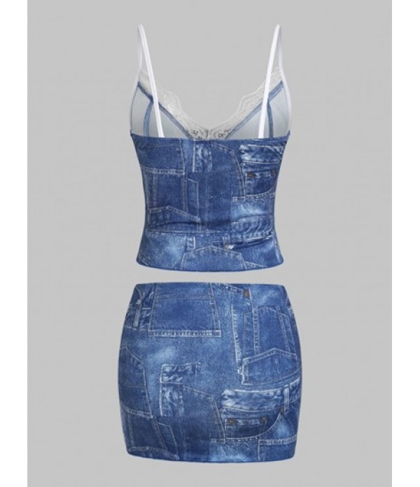 Trompe L'oeil Denim Print Lace Decor Top And Ripped Side Skirt Set Trompe L'oeil Denim Print Lace Decor Top And Ripped Side Skirt Set