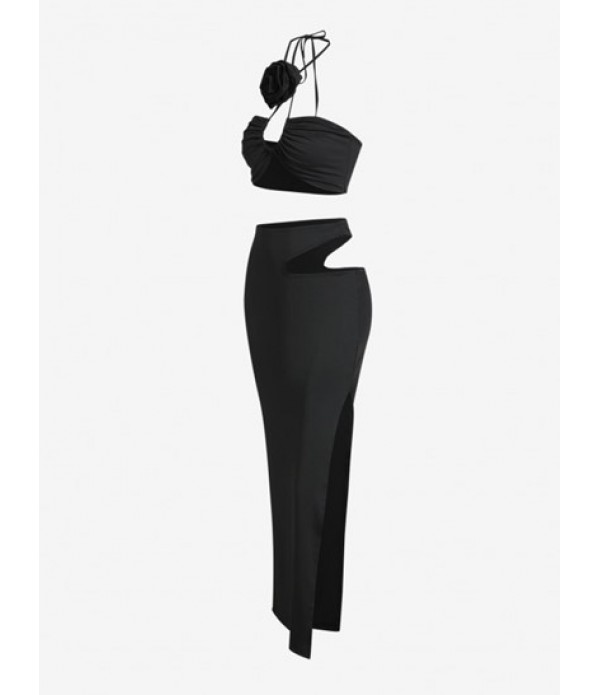 Rosette Halter Cut Out Thigh Split Maxi Skirt Set Rosette Halter Cut Out Thigh Split Maxi Skirt Set