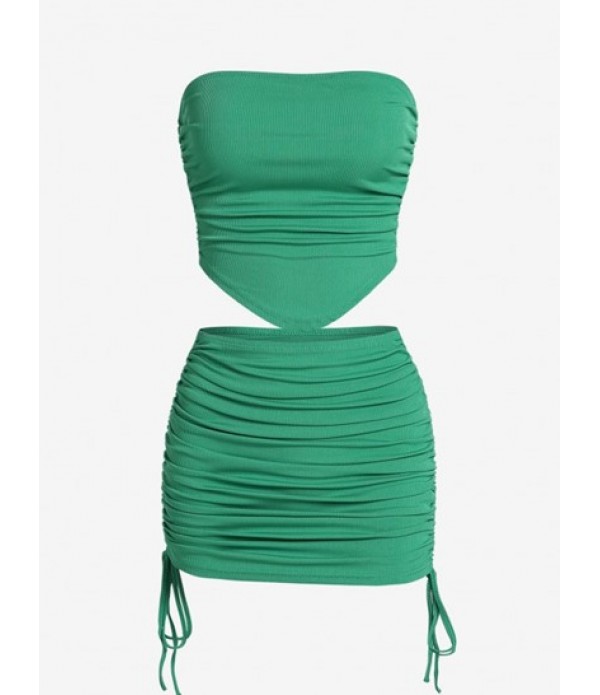 Ribbed Bandeau Cinched Mini Bodycon Skirt Set