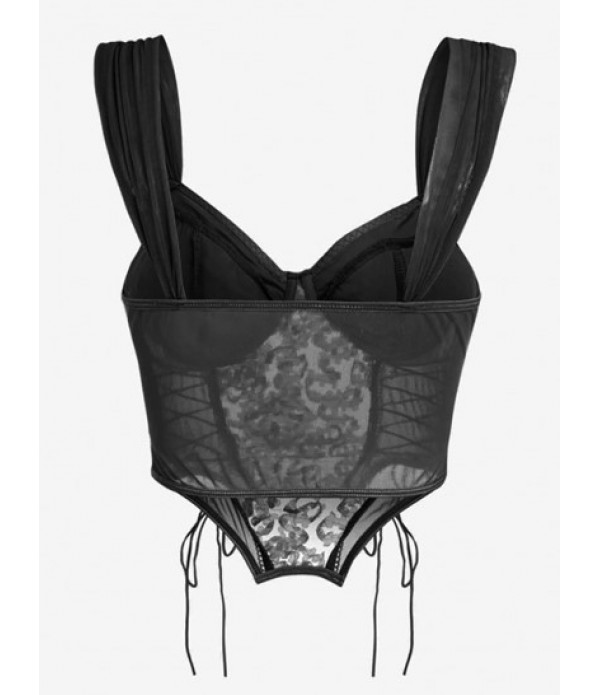 Underwire Sheer Mesh Floral Applique Lace Up Corset-style Tank Top And Mini Tie Side Skirt Set Underwire Sheer Mesh Floral Applique Lace Up Corset-style Tank Top And Mini Tie Side Skirt Set