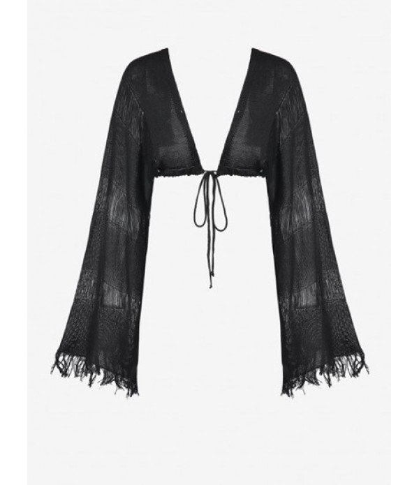 Distressed Strappy Knitted Two Piece Dress Tassels Detachable Kimono Sleeves Top With Mini Skirt
