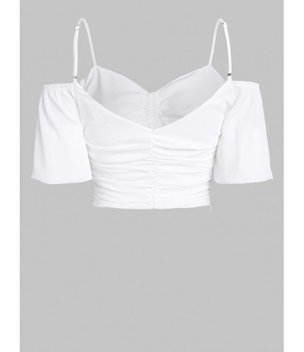 Cinched Ruched Cold Shoulder Puff Sleeve Blouse With Rhinestone Denim Cargo Skirt Set