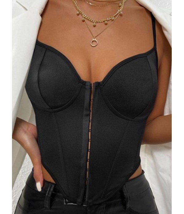 Hook Front Cupped Corset Style Bandage Camisole With Cinched PU Slit Mini Skirt Set