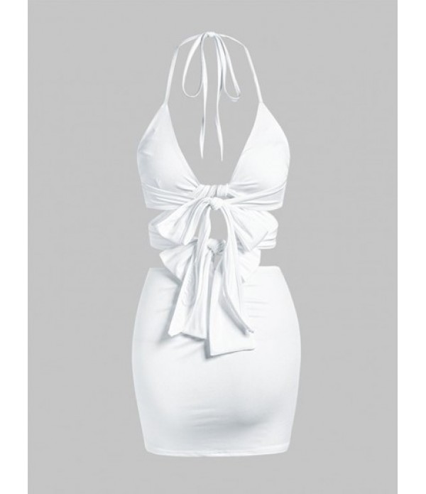 Halter Twisted Ruched Slit Bodycon Skirt Set