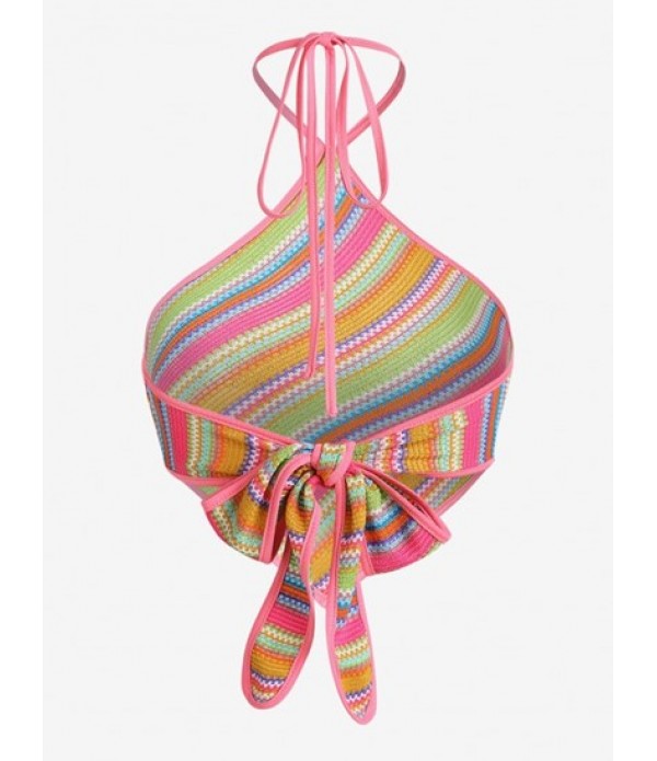 Women's Rainbow Knitted Halter Tie Back Bandana Top And Lace Up Tassels Crochet Openwork Knit Long Skirt Set Women's Rainbow Knitted Halter Tie Back Bandana Top And Lace Up Tassels Crochet Openwork Knit Long Skirt Set