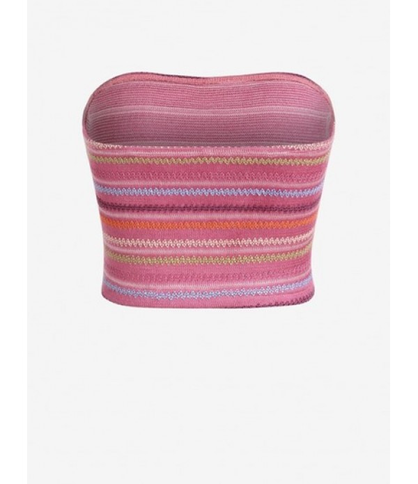 Women's Rainbow Zig Zag Knitted Tube Top And Ruched Criss Cross Striped Flossing Skirt Set Women's Rainbow Zig Zag Knitted Tube Top And Ruched Criss Cross Striped Flossing Skirt Set