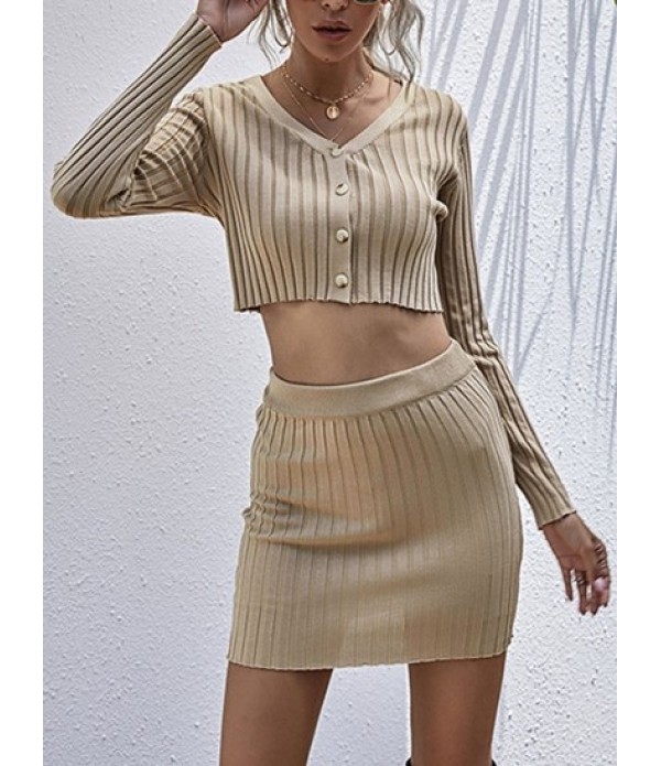 Ribbed Button Up Mini Bodycon Skirt Set