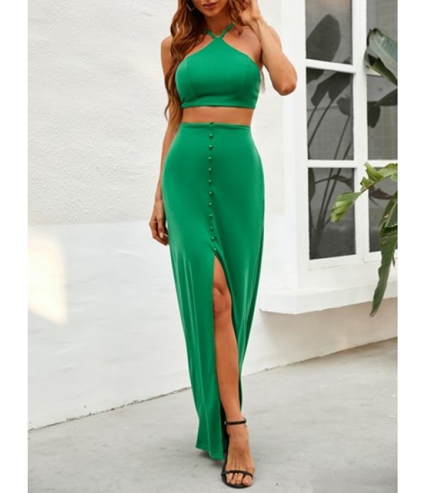 Lace Up Mock Button Split Maxi Skirt Set