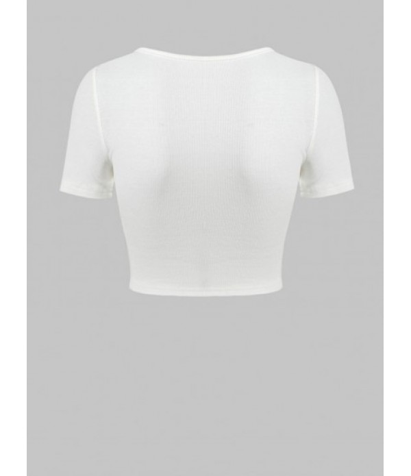 Button Up Ribbed Crop Tee With Ripped Denim Shorts