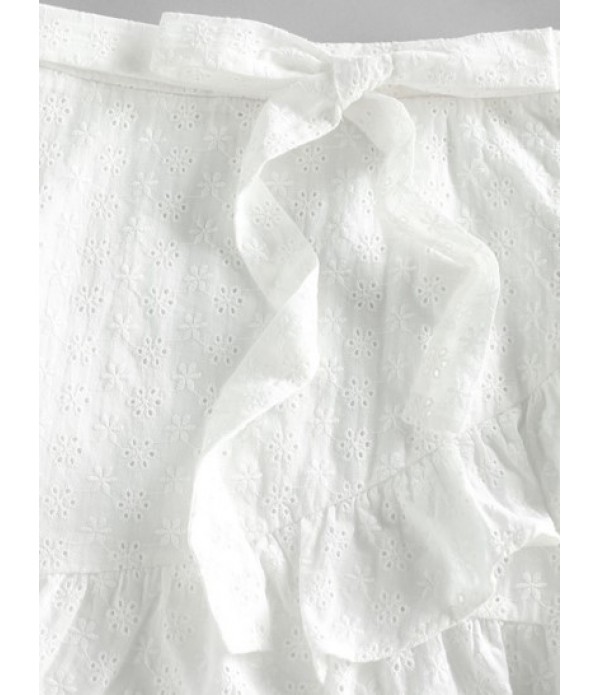 Button Up Eyelet Top And Tie Ruffles Skirt Set