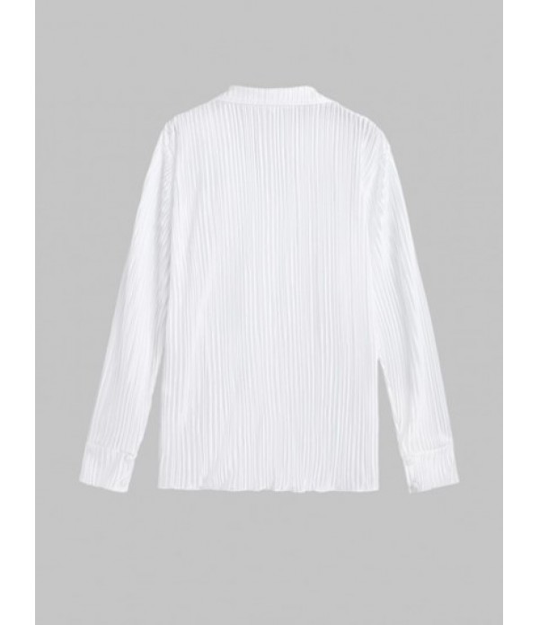 Women's Fashion Daily Matching Co Ord Set Plisse Pleated Solid Color V Notched Button Up Turn Down Collar Shirt With High Waisted Loose Shorts Set