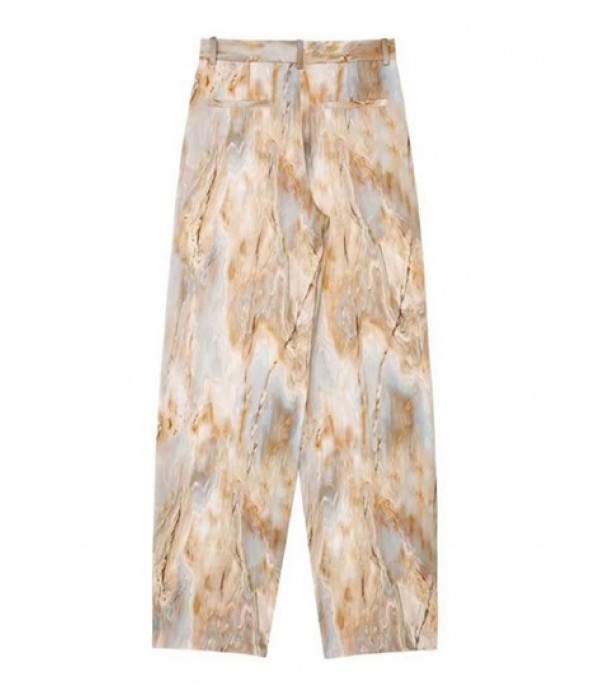 Women's Co Ord Matching Two Piece Set Tie Dye Marble Print V Notched Stand Collar High Low Slit Button Up Long Sleeve Shirt With Zipper Fly Straight Pants Set
