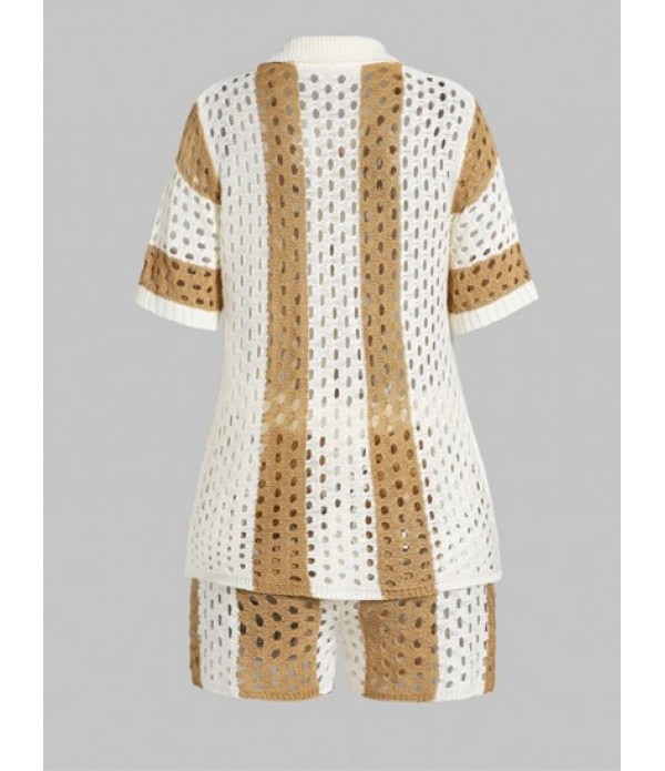 Women's Sexy Matching Two Piece Vacation Crochet Knit Openwork Hollow Out Colorblock Striped Button Up Collared Top And Shorts Set
