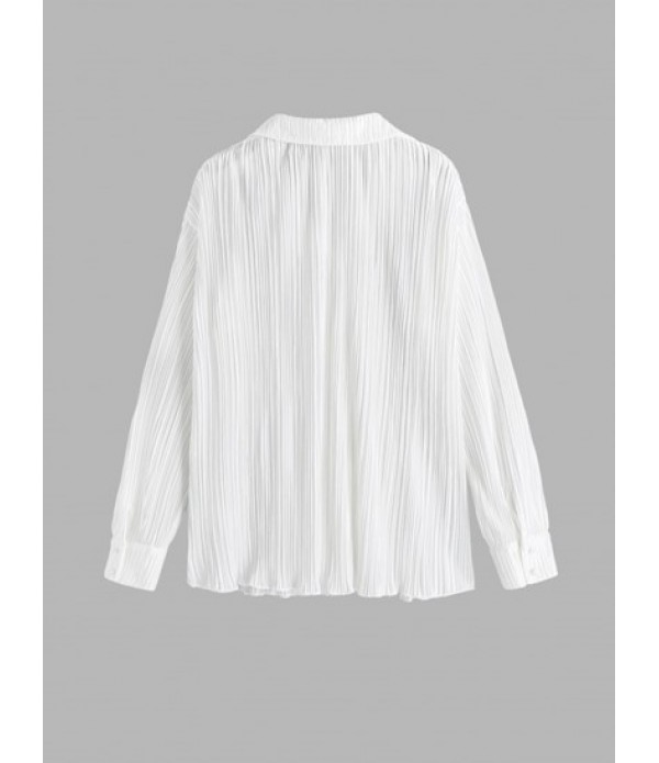 Women's Two Pieces Plisse Pleated Solid Color Long Sleeve V Neck Button Up Shirt And High Waist Wide Leg Pants Set 90s Minimalism Fashion Co Ord Set