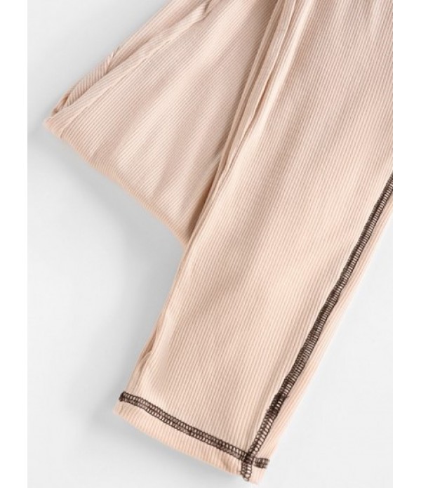 Ribbed Topstitching V Notch Two Piece Pants Set