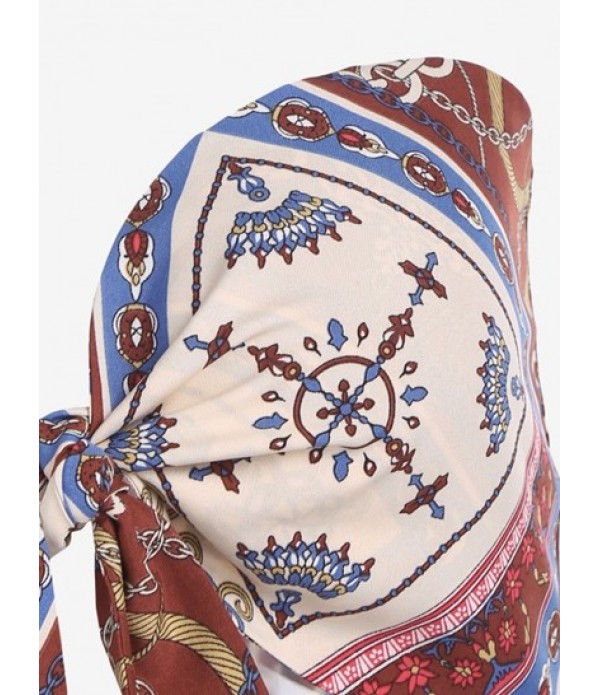 Scarf Print Tie Strapless Top And Corduroy Pleated Wide Leg Pants Outfit Scarf Print Tie Strapless Top And Corduroy Pleated Wide Leg Pants Outfit