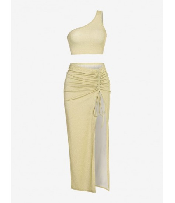 One Shoulder Cinched Thigh Slit Metallic Two Piece Dress