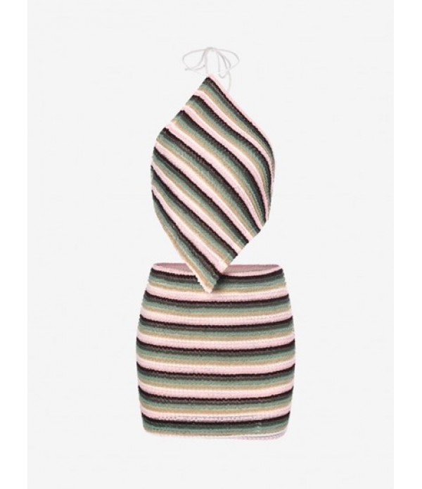 Textured Stripes Tie Open Back Scarf Two Piece Dress Textured Stripes Tie Open Back Scarf Two Piece Dress