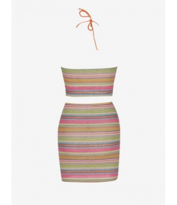 Colorful Striped Knit Halter Top And Skirt Set
