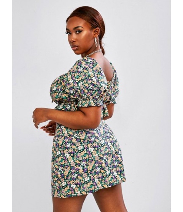 Plus Size Floral Puff Sleeve Ruffle Two Piece Skirt Set