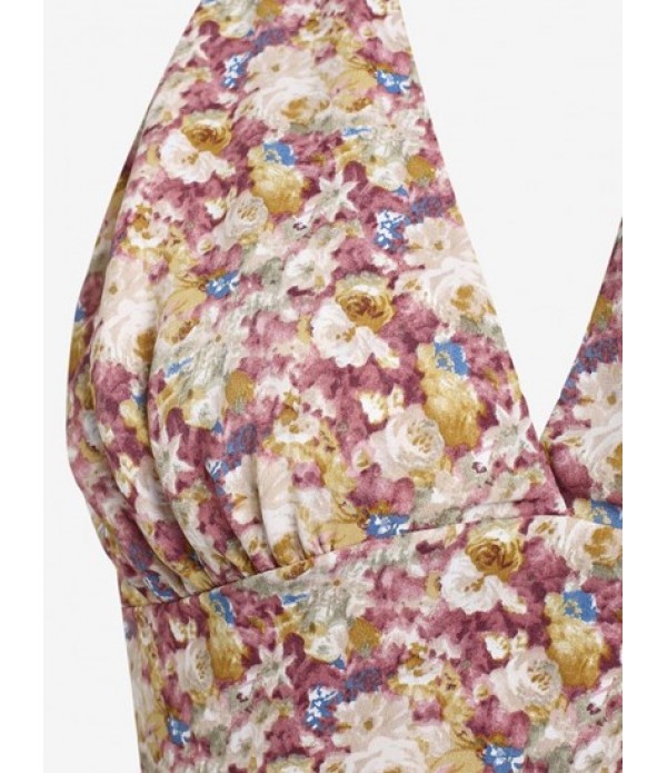 Halter Open Back Ditsy Floral Smocked Two Piece Set