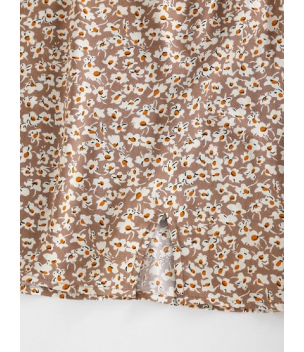Ditsy Print Puff Sleeve Knot Two Piece Skirt Set