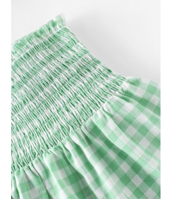 Gingham Bowknot Cami Top And Smocked Skirt Set