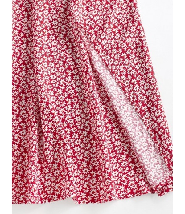 Ribbed Ditsy Print Slit Skirt Set