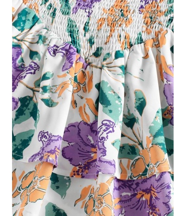 Puff Sleeve Flower Shirred Top And Layered Skirt Set