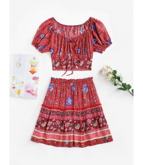 Floral Tie Collar Puff Sleeve Two Piece Dress