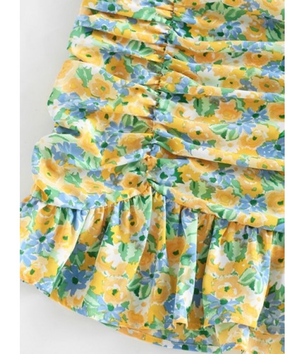 Floral Ruched Tie Cut Out Back Two Piece Dress