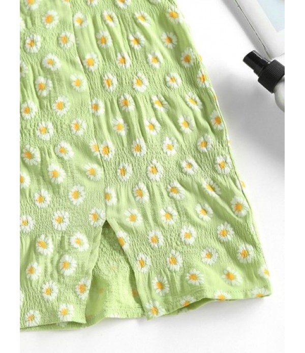 Tie Front Puff Sleeve Front Slit Daisy Two Piece Dress Tie Front Puff Sleeve Front Slit Daisy Two Piece Dress