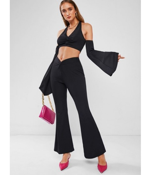 Halter Ribbed Crop Top And Twist Flare Pants Set