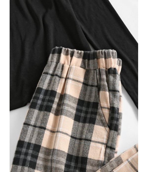 Ribbed Long Sleeve Top And Flannel Plaid Pants Set