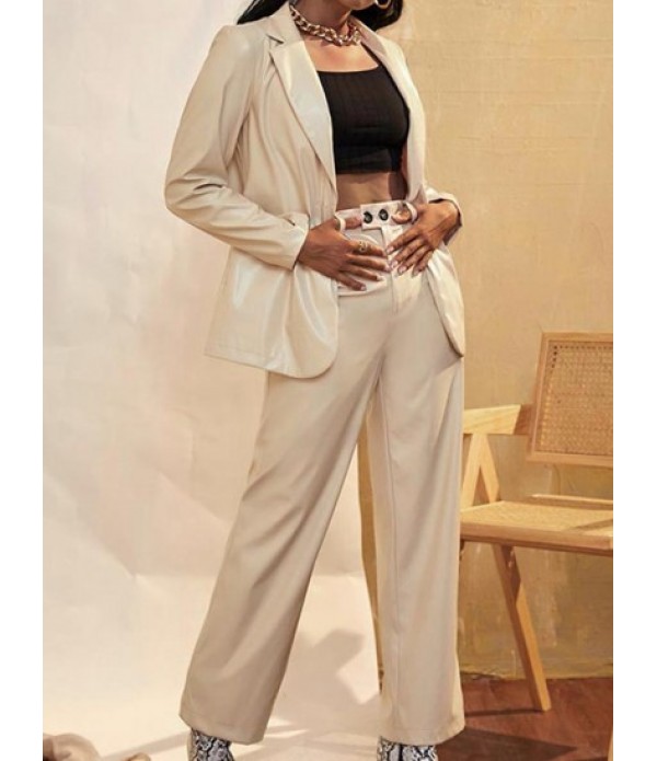 PU One Button Blazer With High Waisted Pants Set