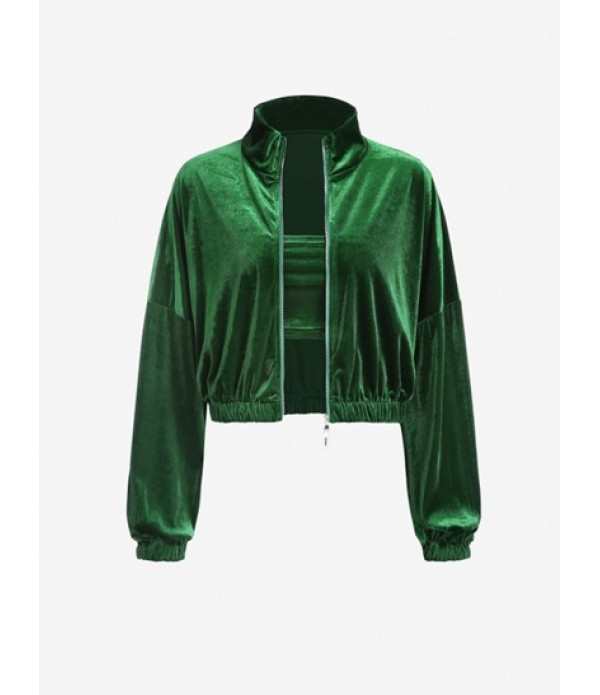 Drop Shoulder Zip Up Velvet Three Pieces Stirrup Pants Set